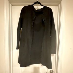 black coat, lace trim.